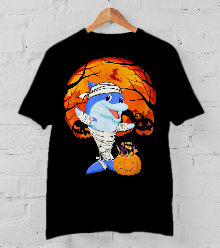 Halloween Dolphin Mummy With Candy Pumpkin And Witch Full Moon T-Shirt