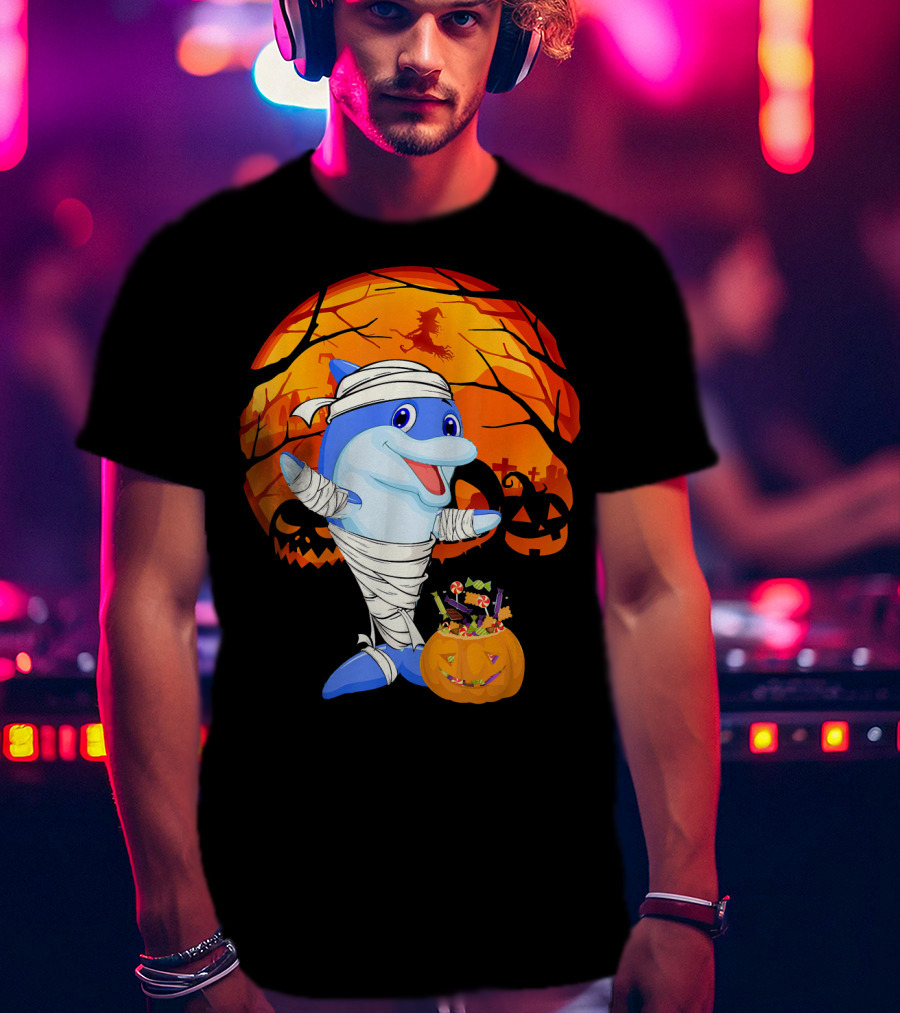 Halloween Dolphin Mummy With Candy Pumpkin And Witch Full Moon T-Shirt