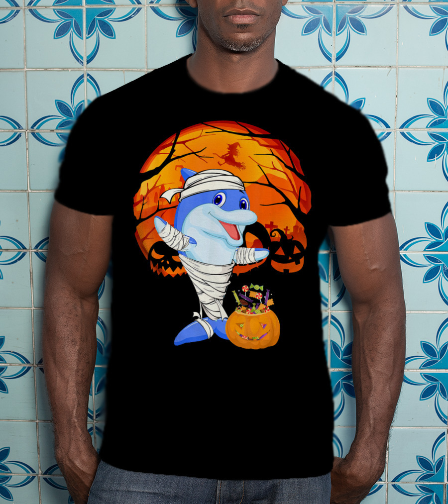 Halloween Dolphin Mummy With Candy Pumpkin And Witch Full Moon T-Shirt