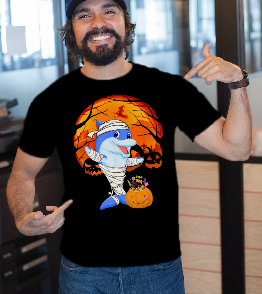 Halloween Dolphin Mummy With Candy Pumpkin And Witch Full Moon T-Shirt