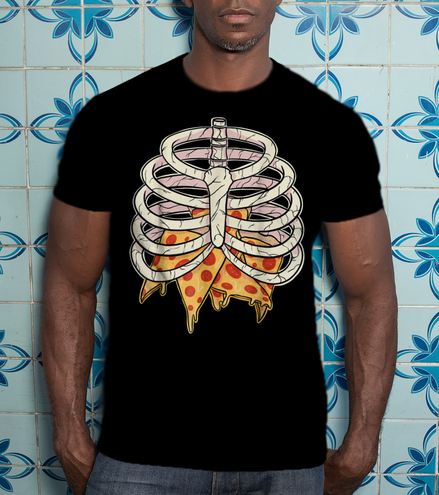 Skeleton Ribcage Pizza Slice Zombie Hall T-Shirt