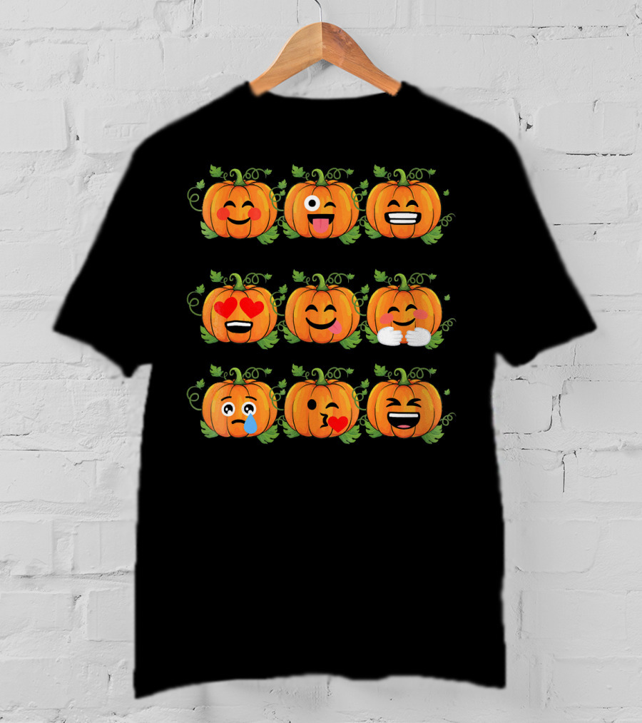 Pumpkin Emoji Faces Smiling Laughing Heart Eyes Winking Funny Expressions T-Shirt
