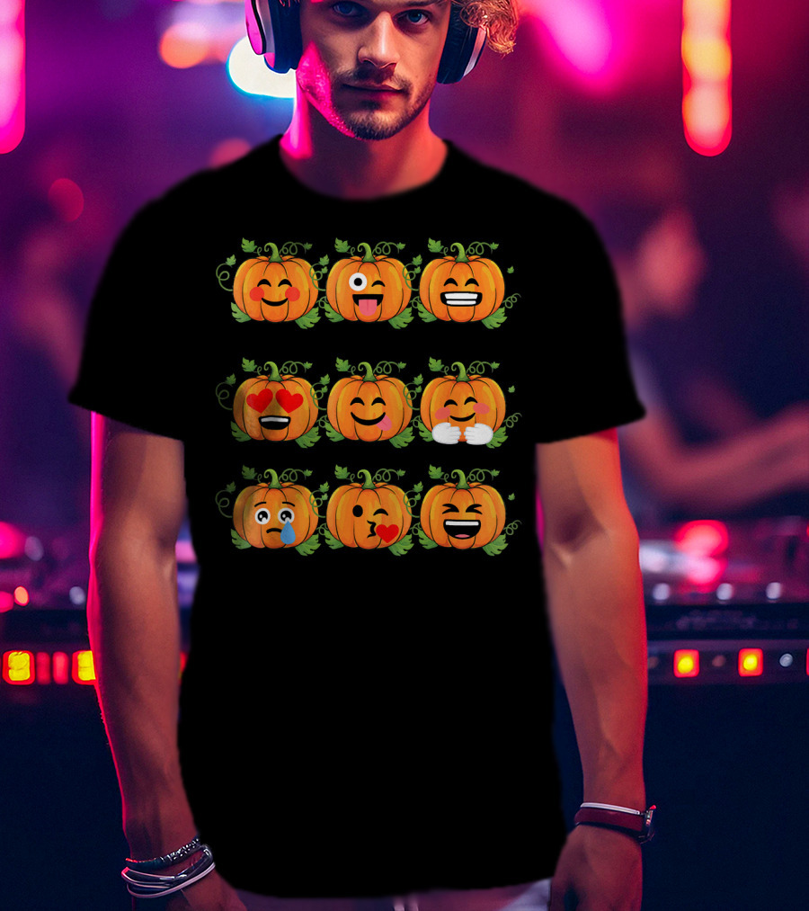 Pumpkin Emoji Faces Smiling Laughing Heart Eyes Winking Funny Expressions T-Shirt