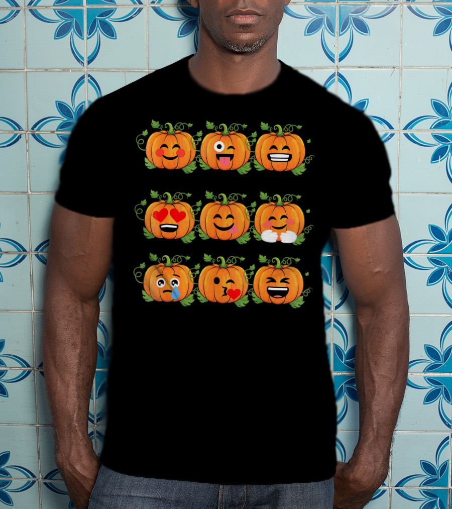 Pumpkin Emoji Faces Smiling Laughing Heart Eyes Winking Funny Expressions T-Shirt