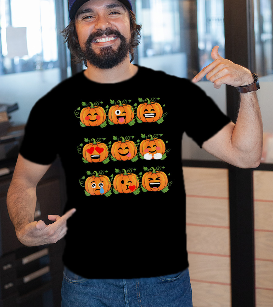Pumpkin Emoji Faces Smiling Laughing Heart Eyes Winking Funny Expressions T-Shirt