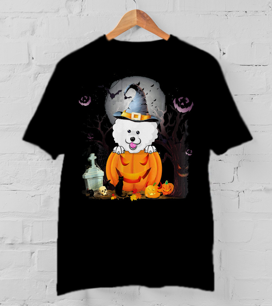 Bichon Frise Dog In Witch Hat With Halloween Pumpkin And Black Cat T-Shirt