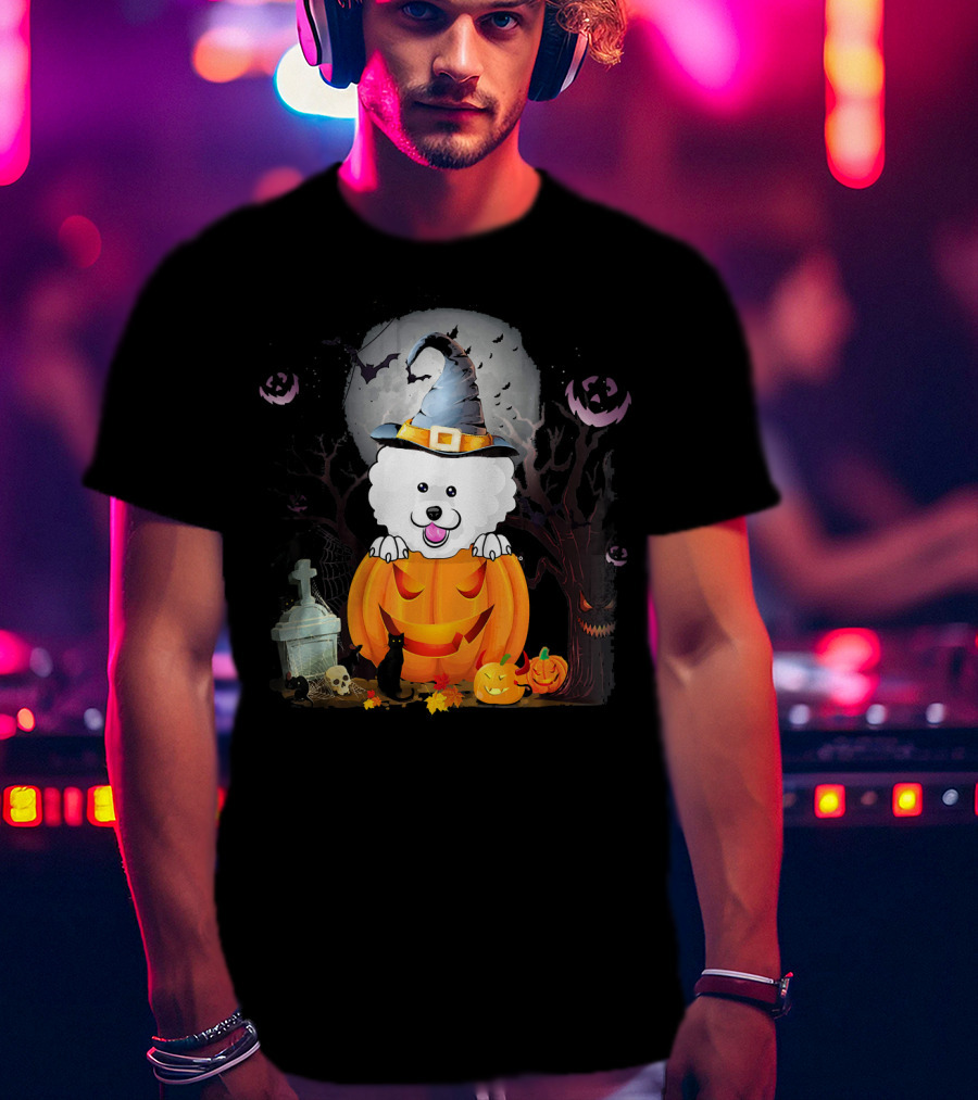 Bichon Frise Dog In Witch Hat With Halloween Pumpkin And Black Cat T-Shirt