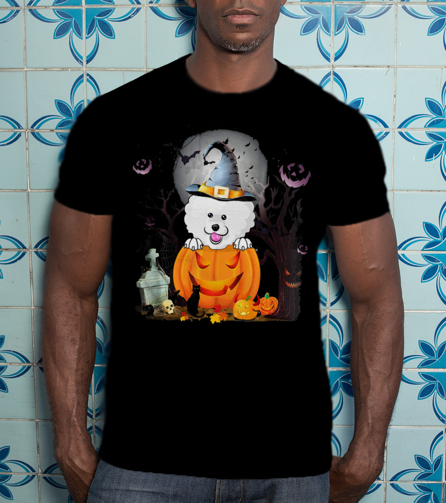 Bichon Frise Dog In Witch Hat With Halloween Pumpkin And Black Cat T-Shirt