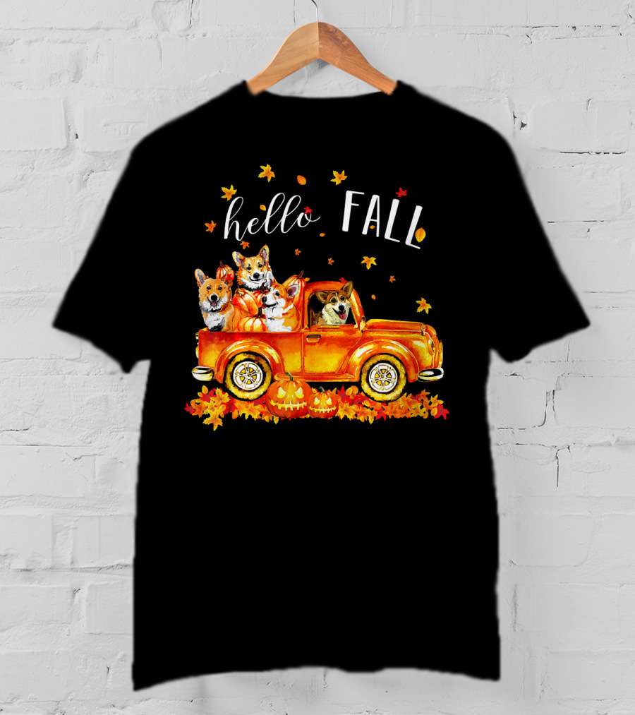 Hello Fall Corgis In Truck With Pumpkins And Leaves T-Shirt