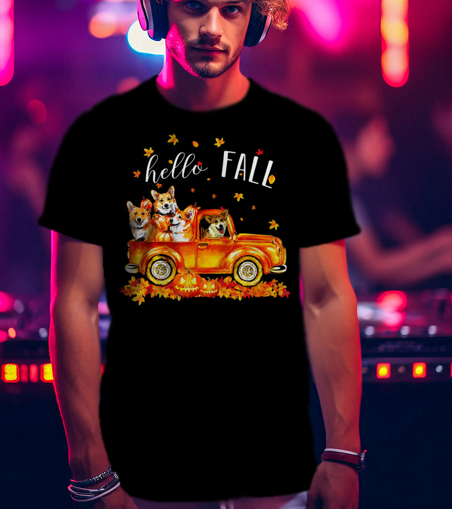 Hello Fall Corgis In Truck With Pumpkins And Leaves T-Shirt