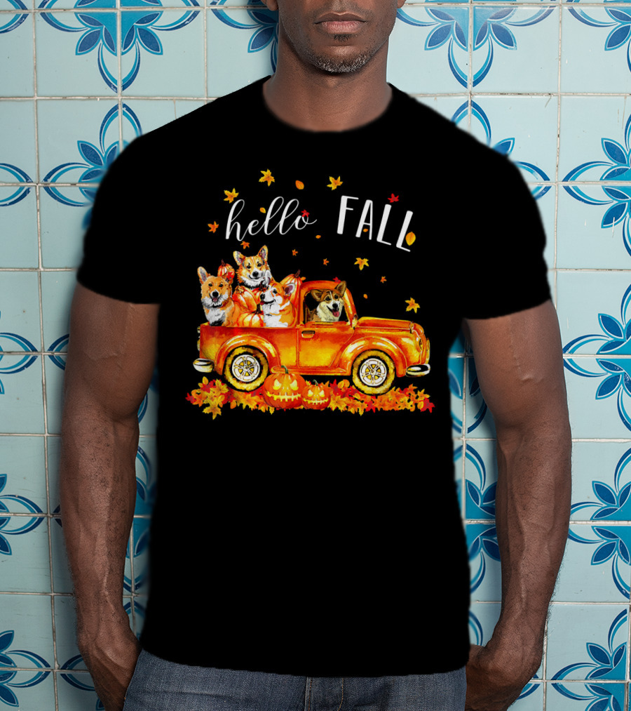 Hello Fall Corgis In Truck With Pumpkins And Leaves T-Shirt