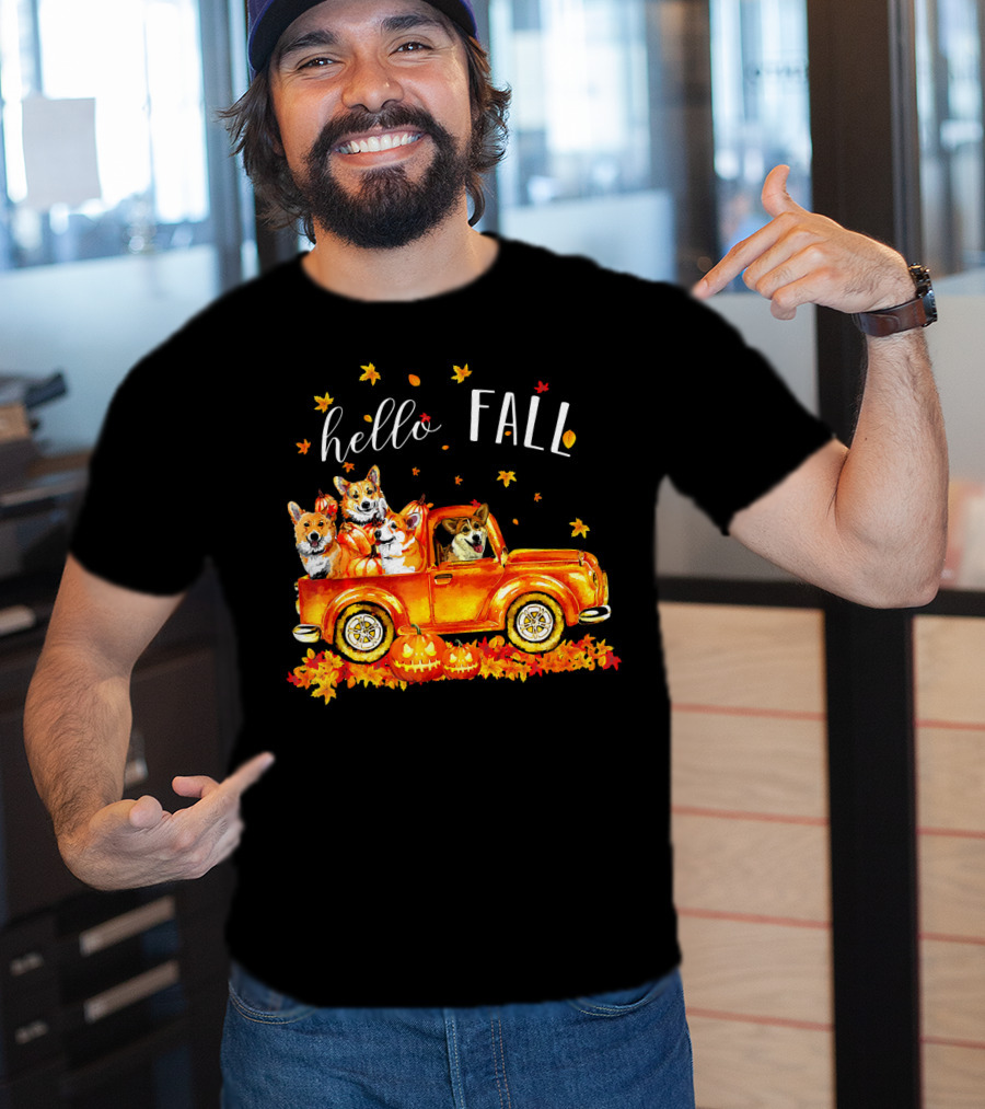 Hello Fall Corgis In Truck With Pumpkins And Leaves T-Shirt