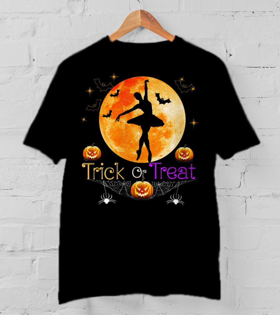 Trick Or Treat Ballerina Halloween Moon Pumpkins Bats Spiders T-Shirt