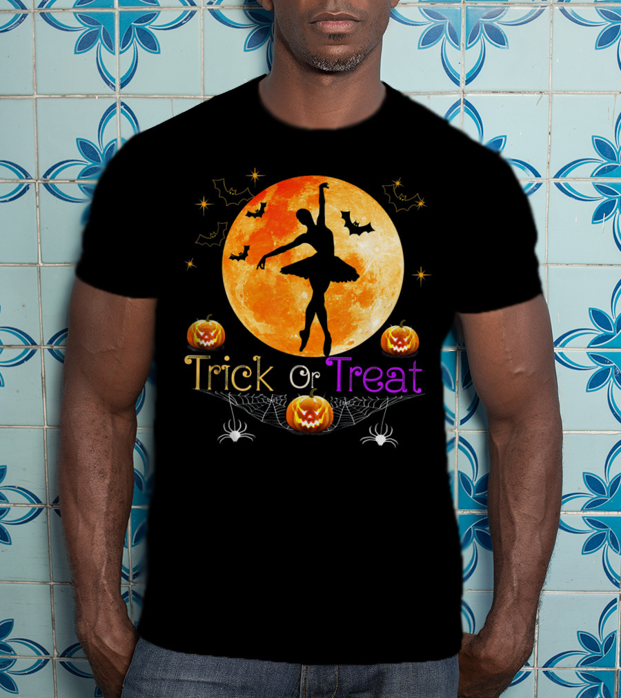 Trick Or Treat Ballerina Halloween Moon Pumpkins Bats Spiders T-Shirt