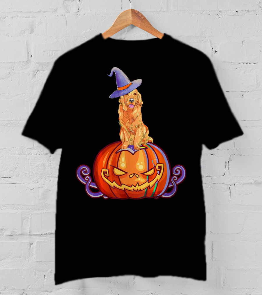 Golden Retriever Halloween Pumpkin Witch Hat T-Shirt