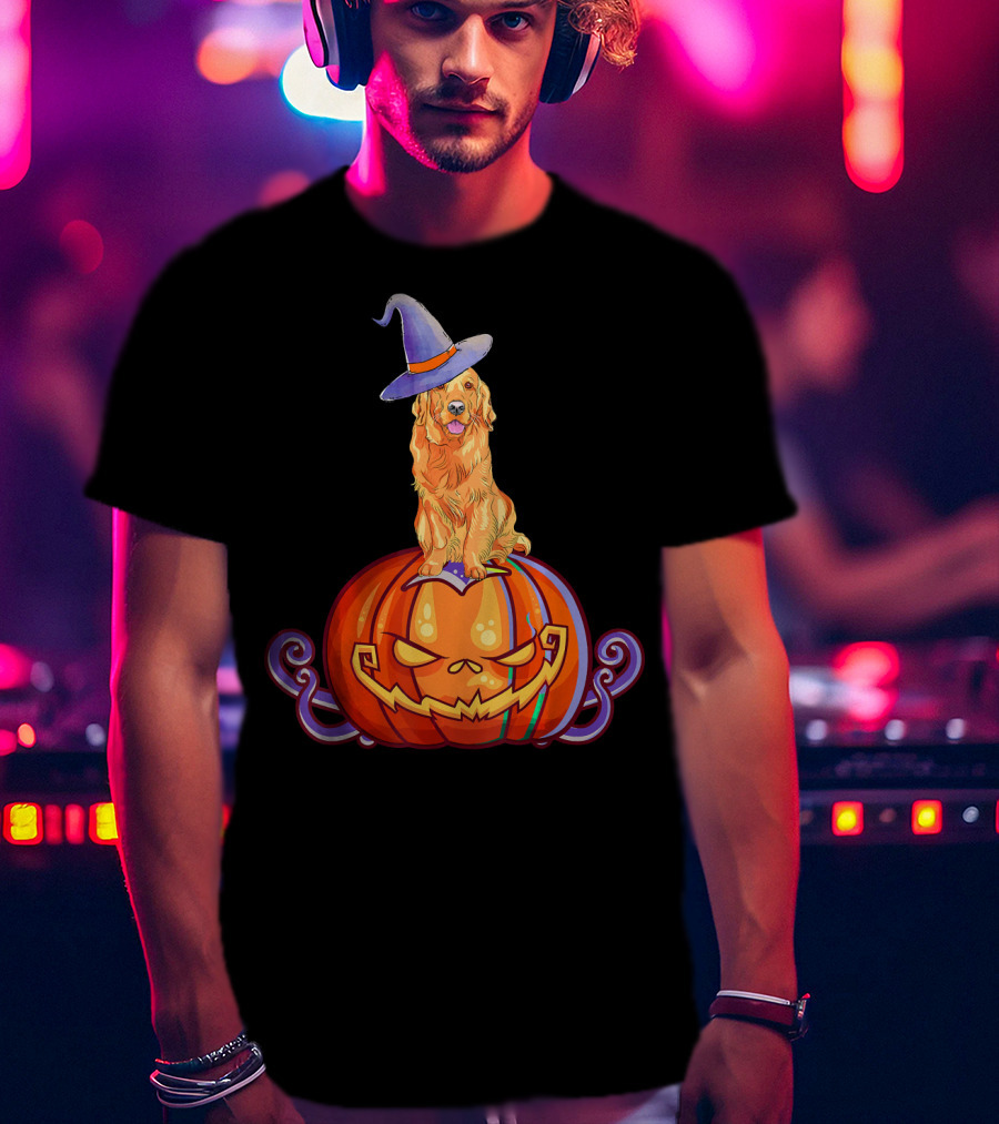 Golden Retriever Halloween Pumpkin Witch Hat T-Shirt