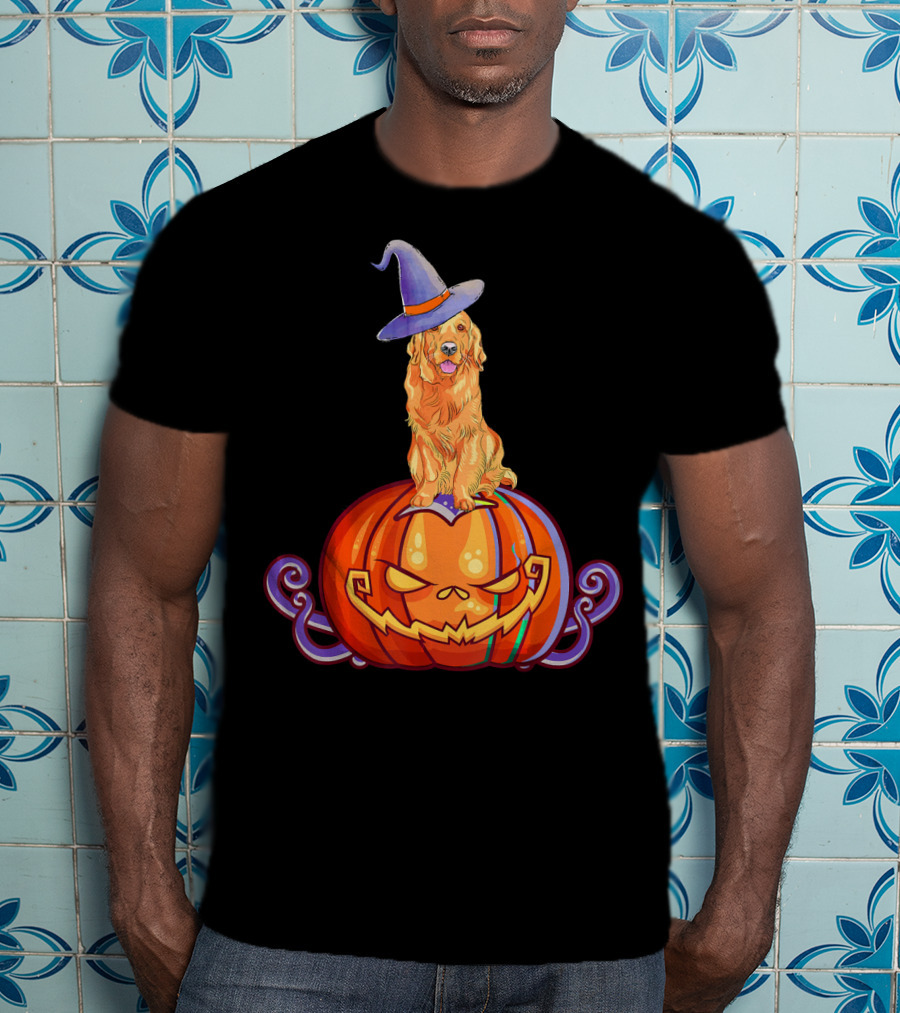 Golden Retriever Halloween Pumpkin Witch Hat T-Shirt