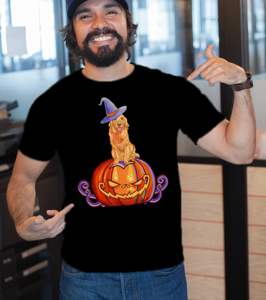 Golden Retriever Halloween Pumpkin Witch Hat T-Shirt