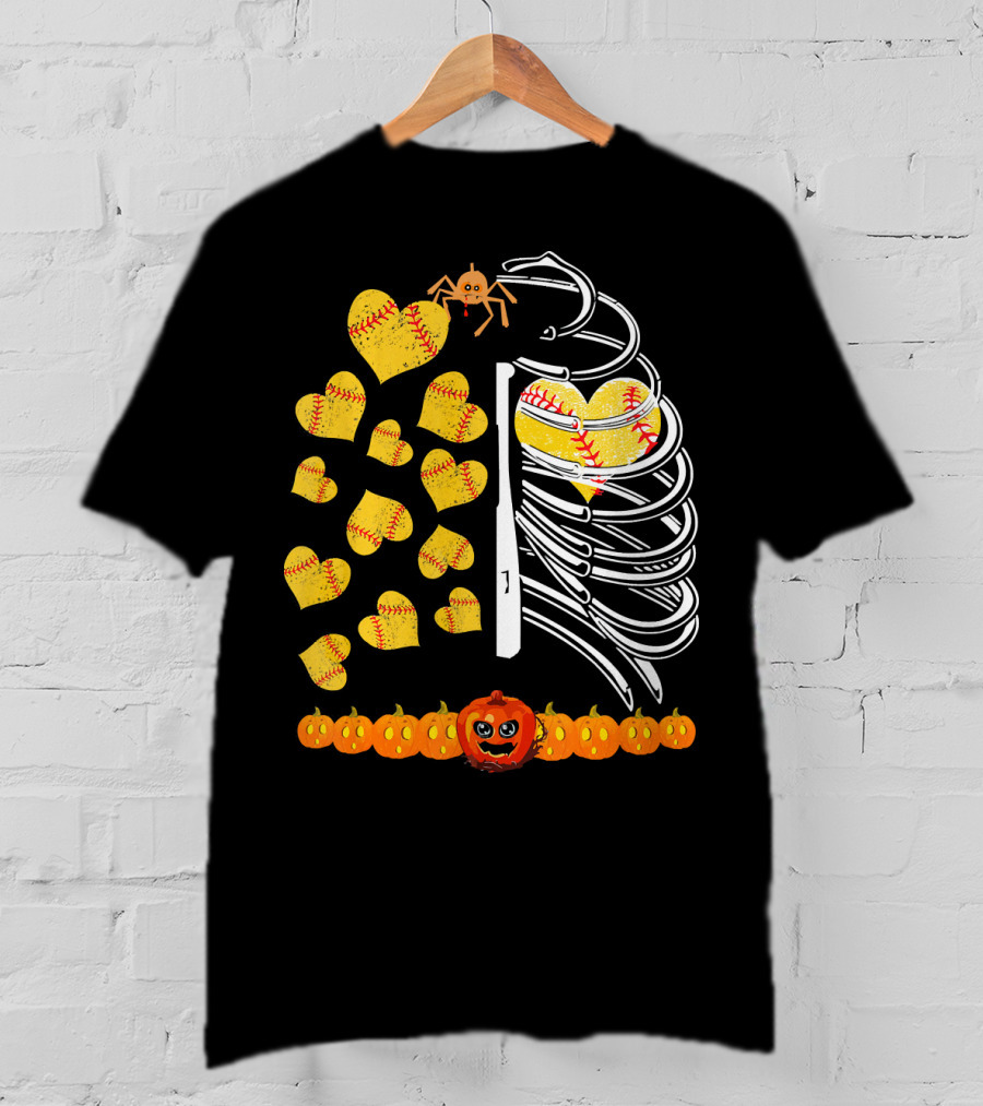 Funny Halloween Skeleton Softball Hearts Pumpkins Spider T-Shirt