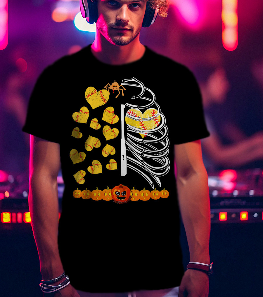 Funny Halloween Skeleton Softball Hearts Pumpkins Spider T-Shirt