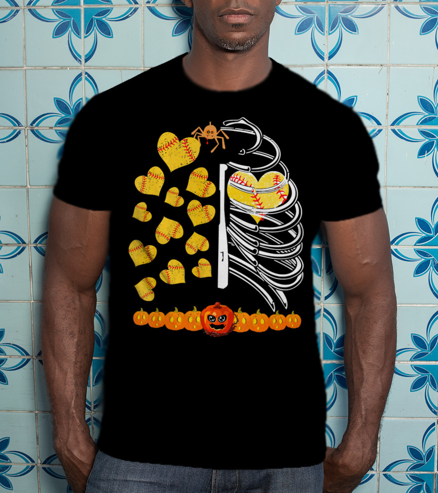 Funny Halloween Skeleton Softball Hearts Pumpkins Spider T-Shirt