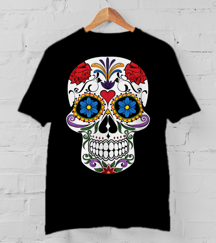 Day Of Dead Sugar Skull With Roses And Flowers T-Shirt