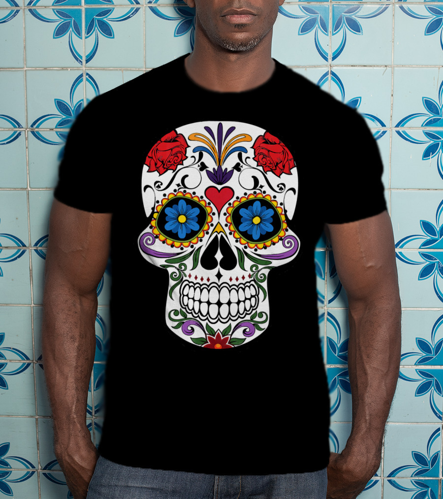 Day Of Dead Sugar Skull With Roses And Flowers T-Shirt