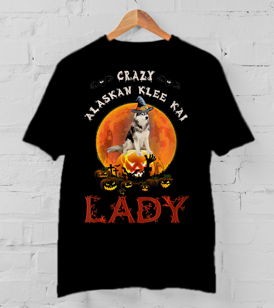 Crazy Alaskan Klee Kai Lady Halloween Moon Pumpkin Graveyard T-Shirt