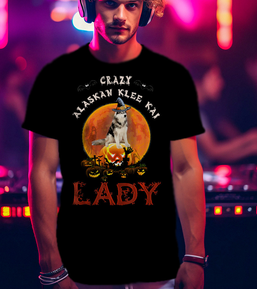 Crazy Alaskan Klee Kai Lady Halloween Moon Pumpkin Graveyard T-Shirt