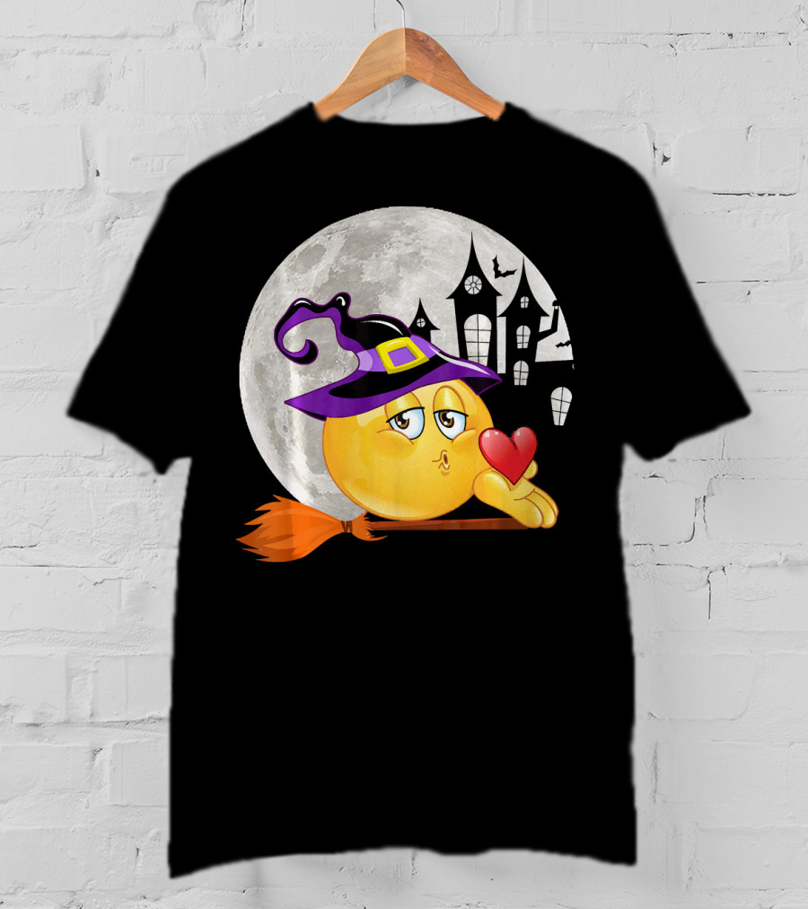 Kissing Face Emoji Witch Hat Broomstick With Heart In Front Of Spooky House And Full Moon T-Shirt