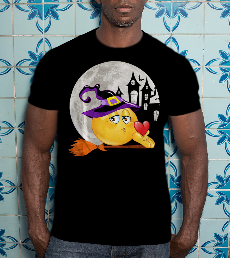 Kissing Face Emoji Witch Hat Broomstick With Heart In Front Of Spooky House And Full Moon T-Shirt