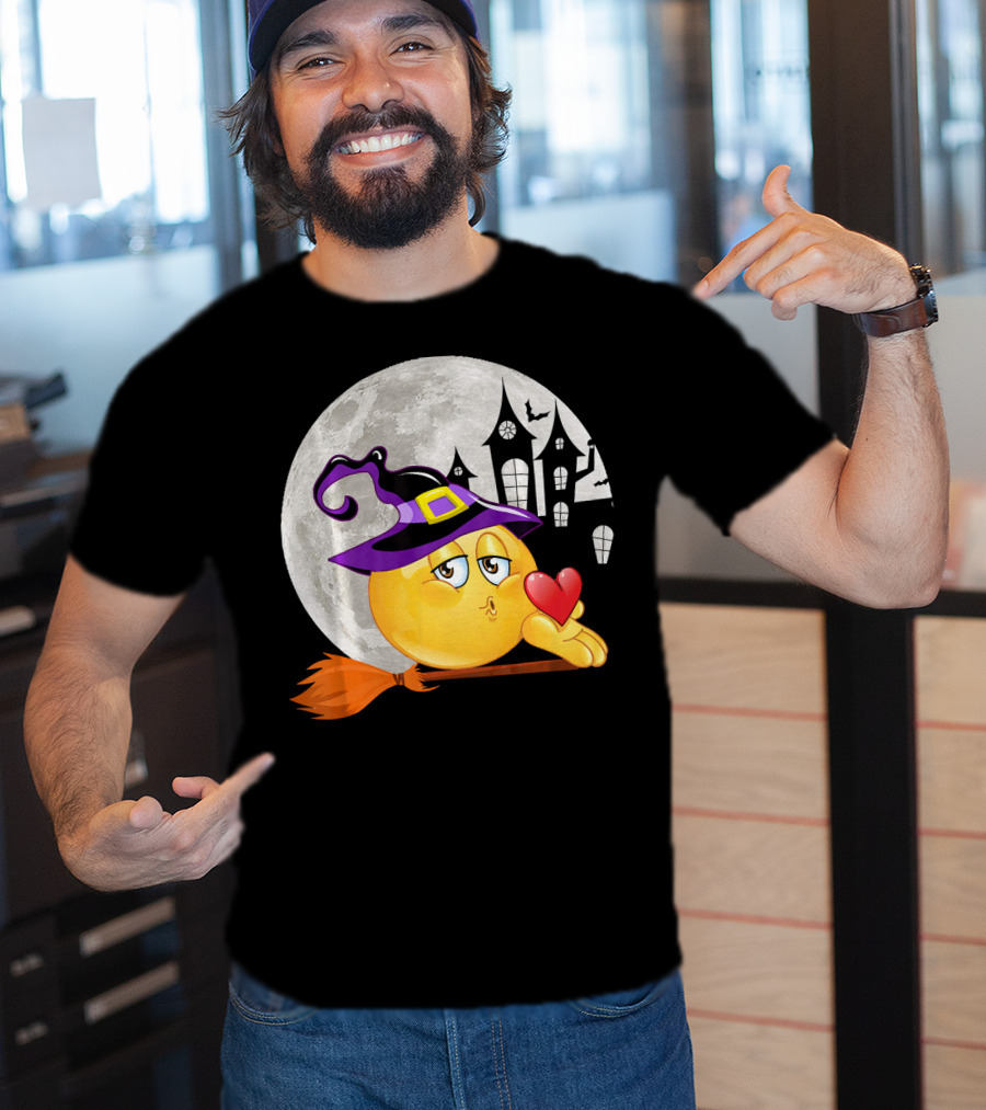 Kissing Face Emoji Witch Hat Broomstick With Heart In Front Of Spooky House And Full Moon T-Shirt