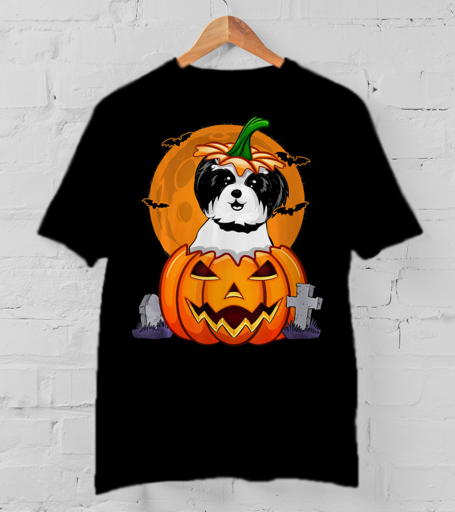 Funny Shih Tzu Pumpkin Halloween Moon Bats Graveyard T-Shirt