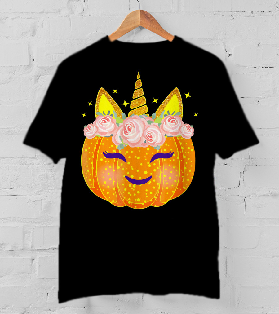 Smiling Unicorn Pumpkin With Flowers And Stars T-Shirt
