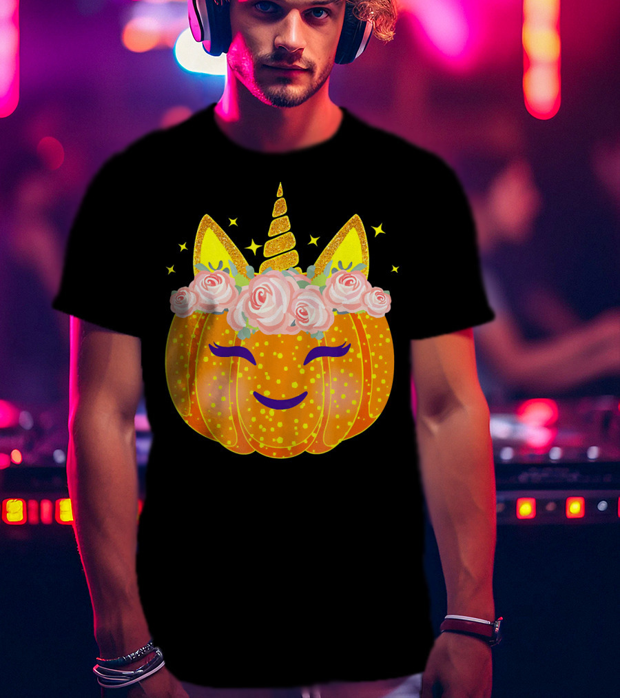 Smiling Unicorn Pumpkin With Flowers And Stars T-Shirt