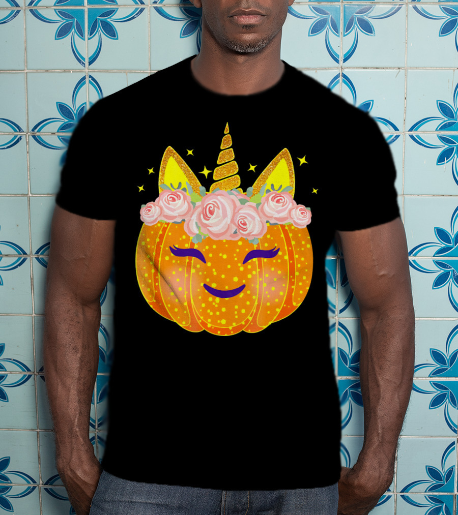 Smiling Unicorn Pumpkin With Flowers And Stars T-Shirt