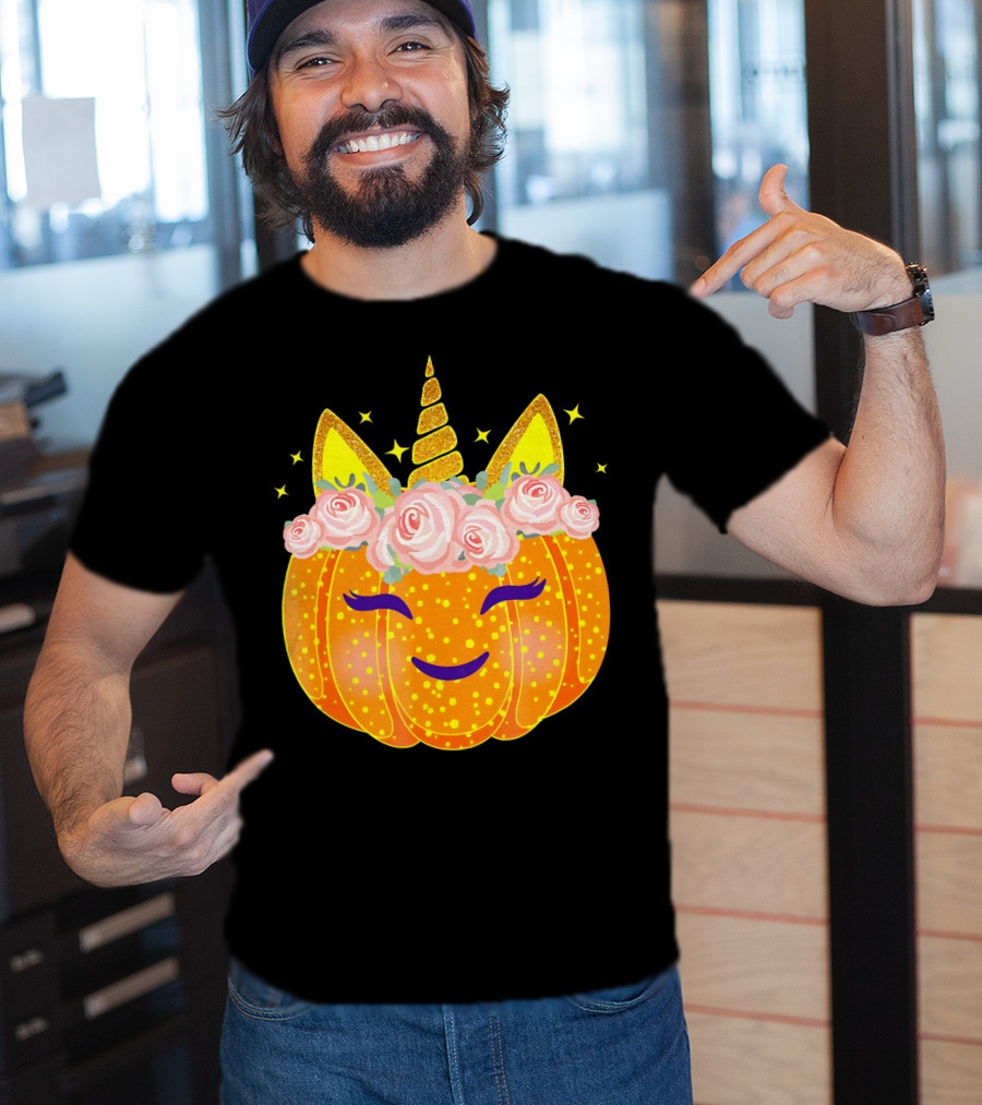 Smiling Unicorn Pumpkin With Flowers And Stars T-Shirt