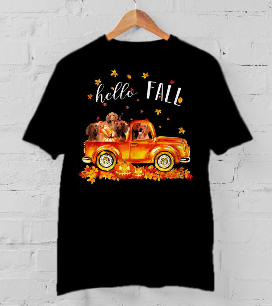 Hello Fall Dachshund Pumpkins Leaves Truck T-Shirt