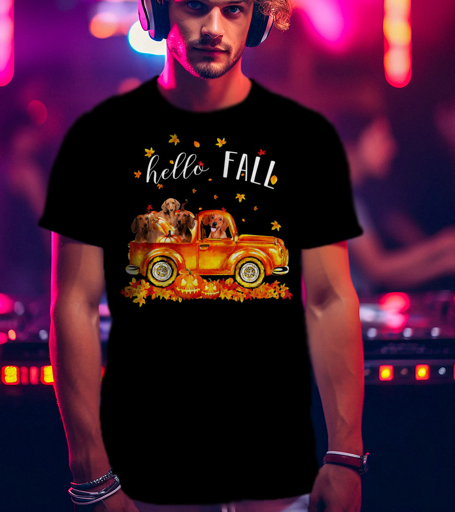 Hello Fall Dachshund Pumpkins Leaves Truck T-Shirt