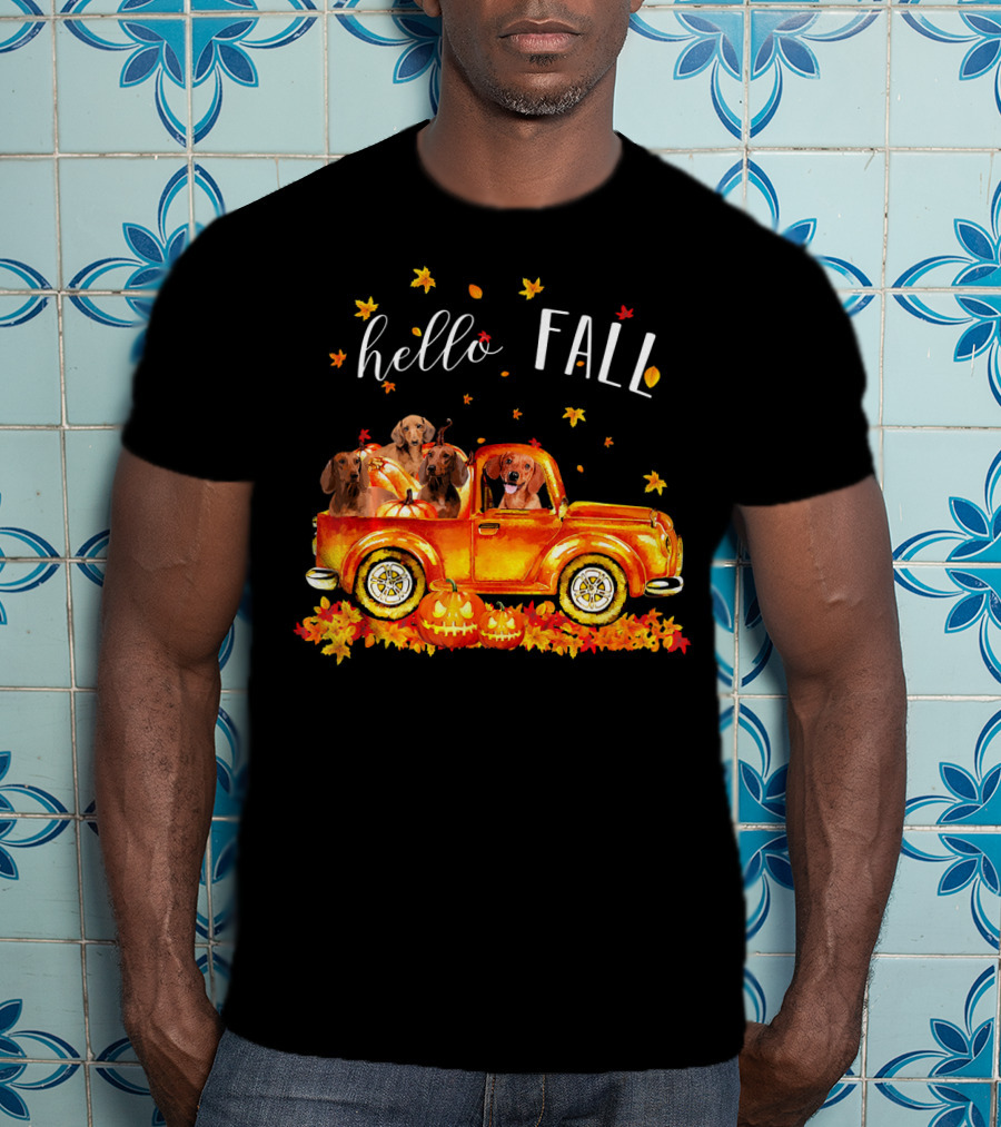 Hello Fall Dachshund Pumpkins Leaves Truck T-Shirt