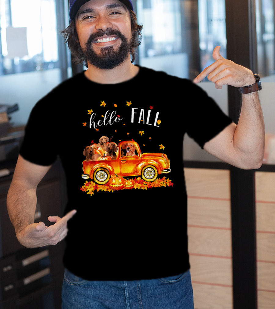 Hello Fall Dachshund Pumpkins Leaves Truck T-Shirt