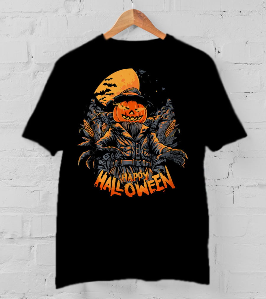 Happy Halloween Pumpkin Horror Moonlit Scarecrow Cornfield T-Shirt