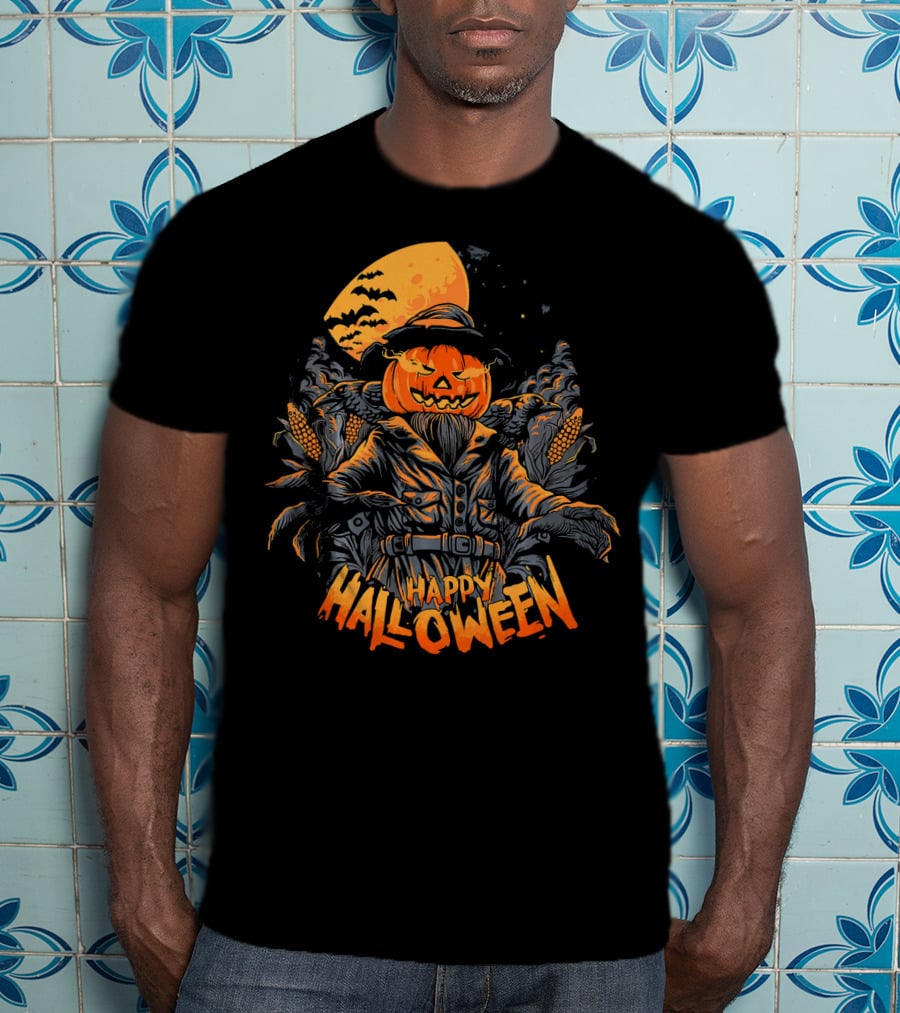 Happy Halloween Pumpkin Horror Moonlit Scarecrow Cornfield T-Shirt