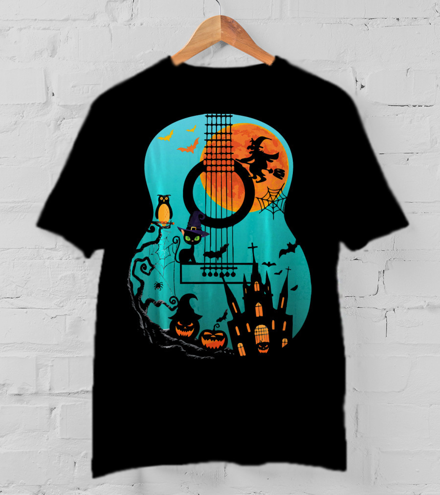 Guitar Lover Scary Halloween Pumpkin Music Witch Castle Cat Owl Bats Moon T-Shirt