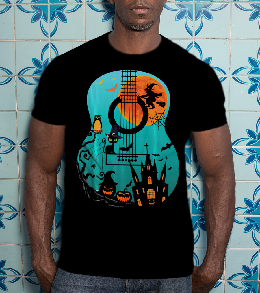 Guitar Lover Scary Halloween Pumpkin Music Witch Castle Cat Owl Bats Moon T-Shirt