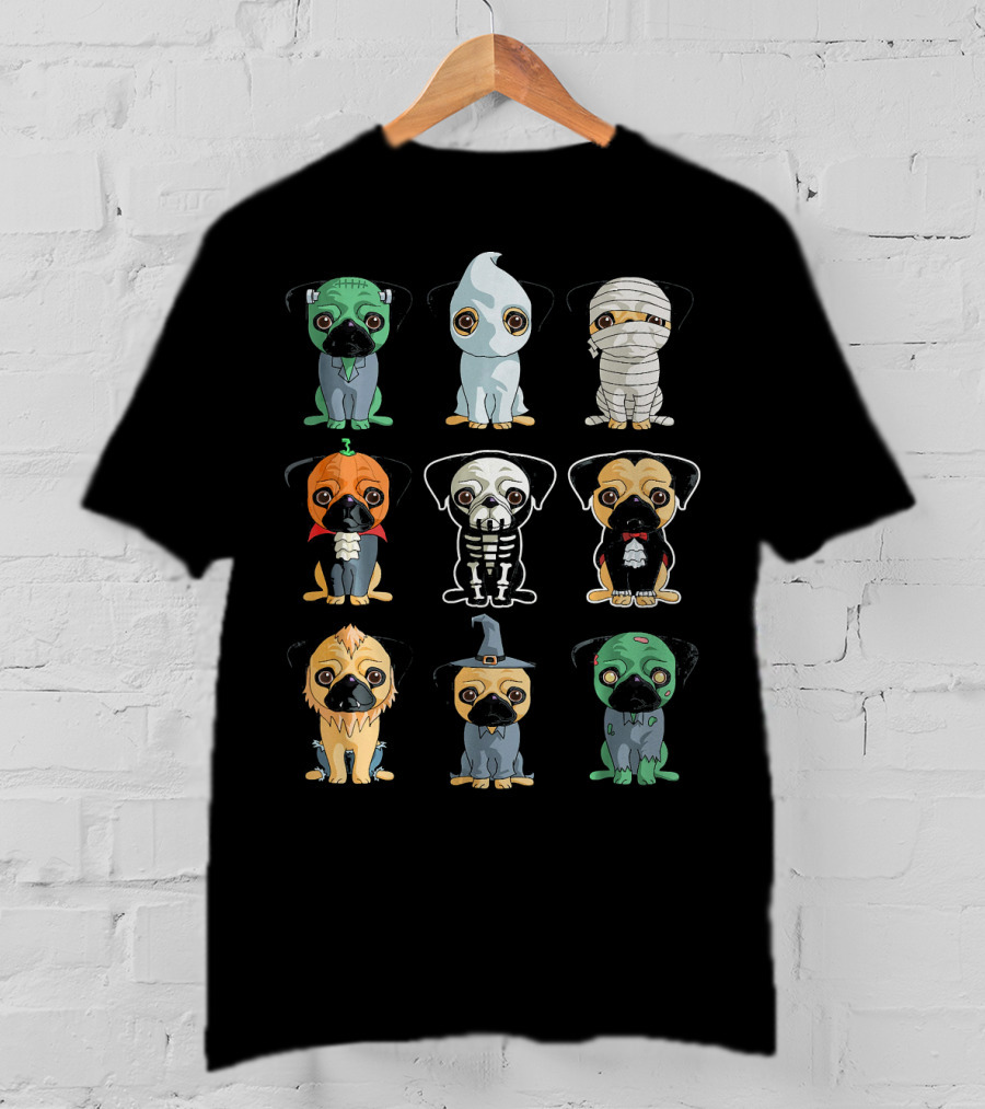 Cute Pugs Halloween Costumes Monster Ghost Mummy Vampire Skeleton Lion Wizard T-Shirt