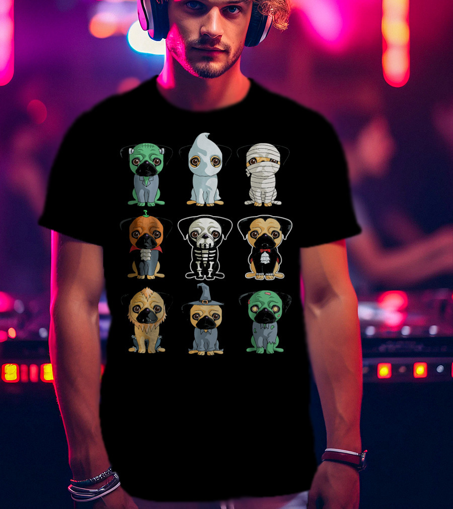 Cute Pugs Halloween Costumes Monster Ghost Mummy Vampire Skeleton Lion Wizard T-Shirt