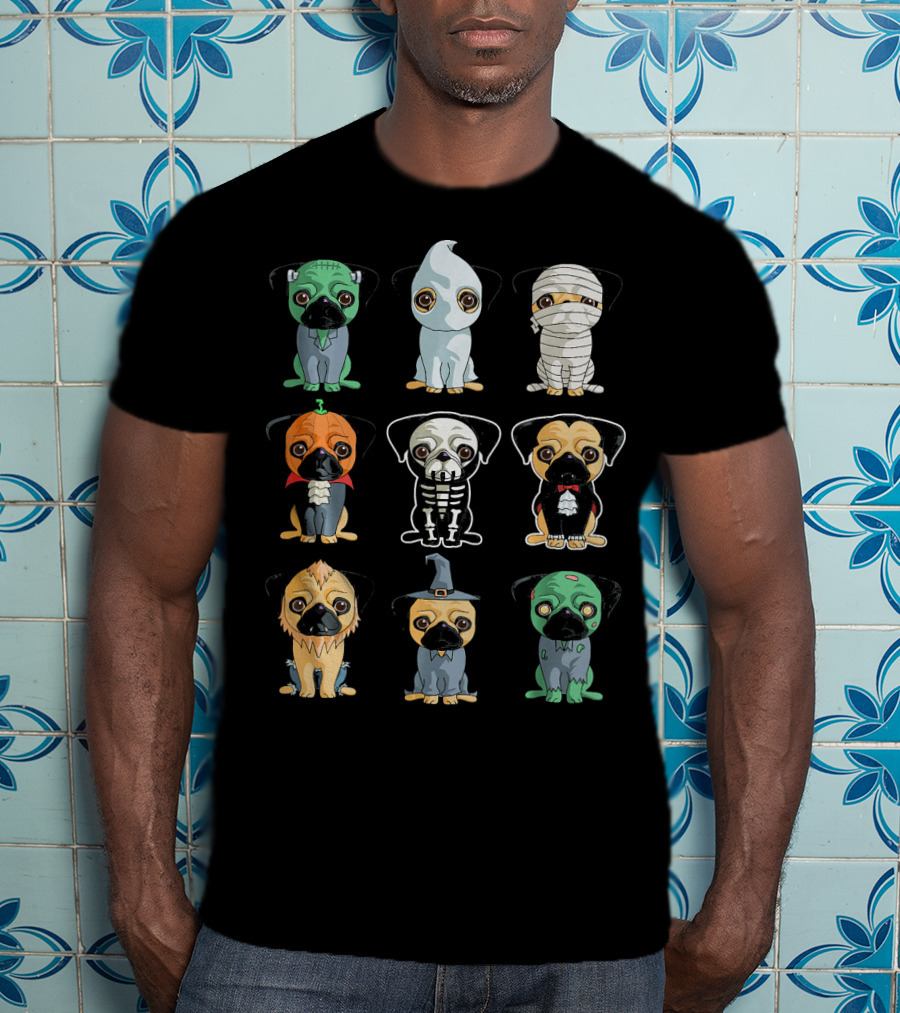 Cute Pugs Halloween Costumes Monster Ghost Mummy Vampire Skeleton Lion Wizard T-Shirt