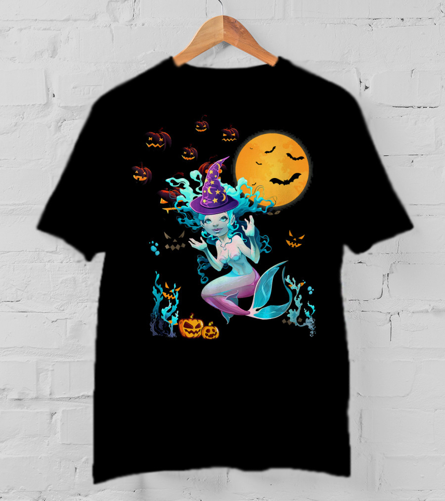Halloween Mermaid Witch With Pumpkin Lanterns And Moon T-Shirt