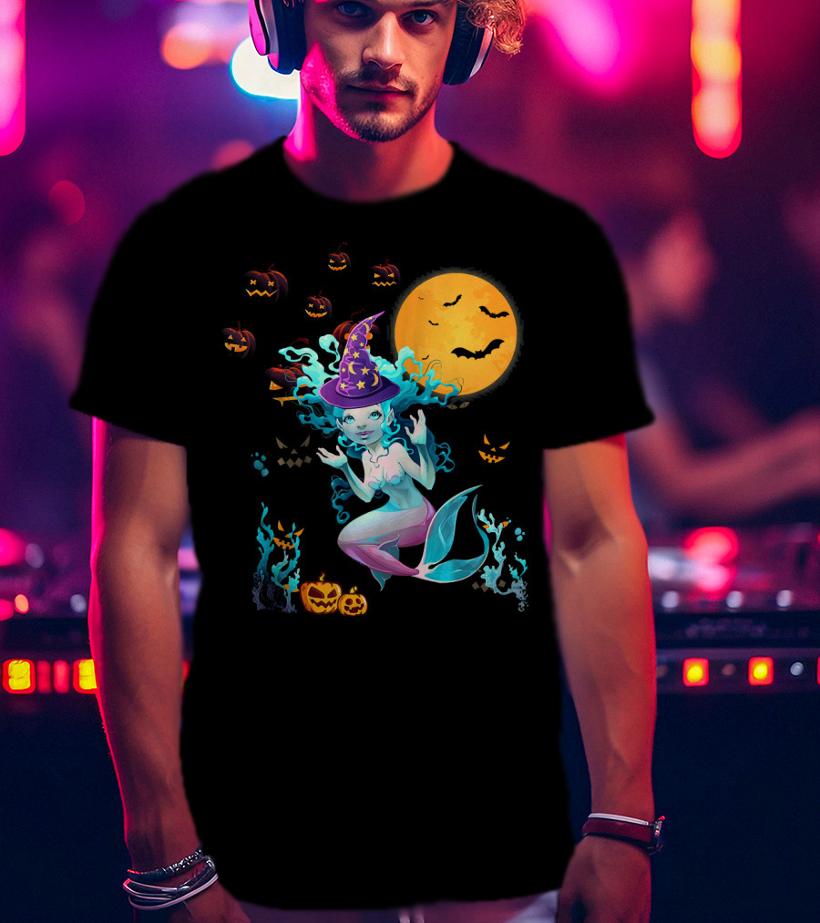 Halloween Mermaid Witch With Pumpkin Lanterns And Moon T-Shirt